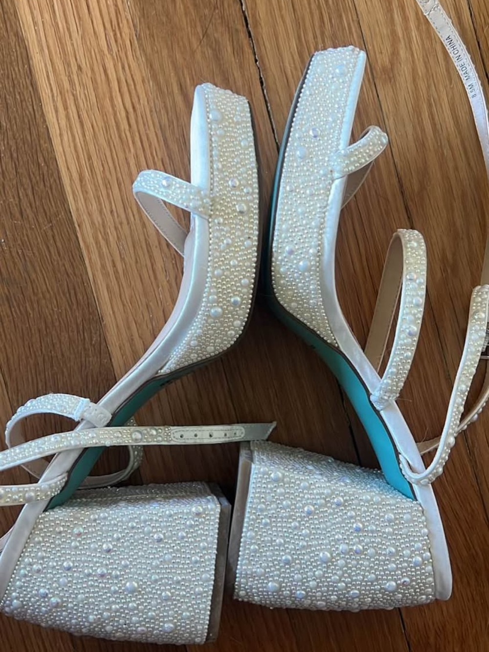 Betsy Johnson Pearl-Embellished White Strappy Block Heel Sandals - Picture 4 of 4